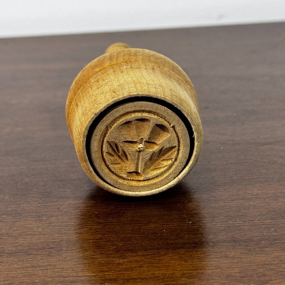 Vintage Wooden Butter Mold Press Floral Folk Art Carved Round Primitive Kitchen